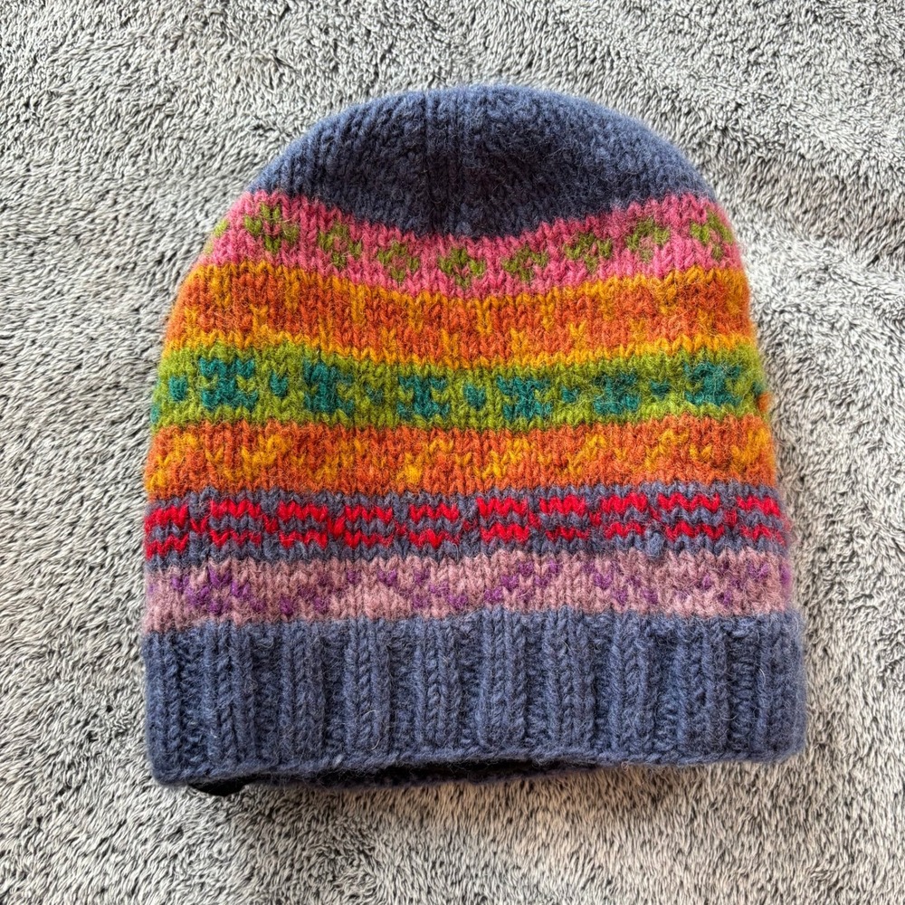 Lakhays Nepal 100% Wool Fleece Lined Beanie Hat Rainbow Fair Isle Eclectic 19865